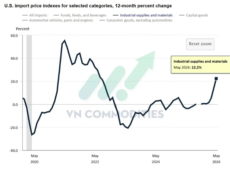 Vật tư v&agrave; nguy&ecirc;n liệu c&ocirc;ng nghiệp tăng 22,2% YoY từ 14%.